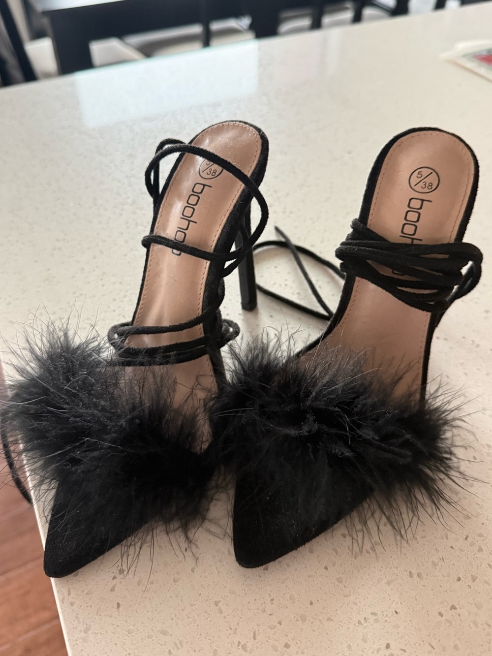 Boohoo Black Feather Trim Strappy Pointed-Toe Heels